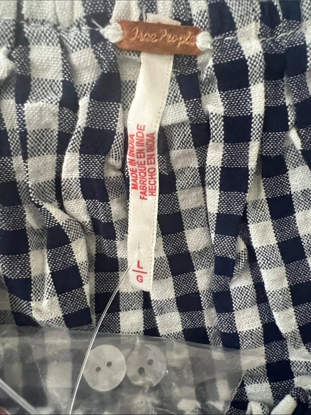 Free People Size XL Navy & White Gingham Tie-Sleeve Peasant Blouse NWT